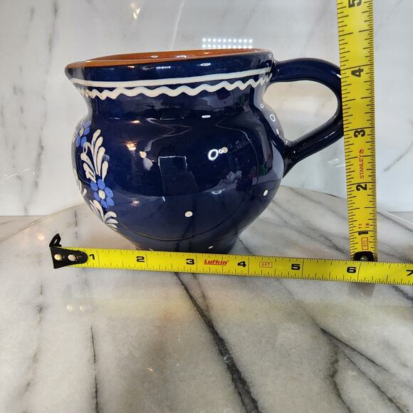 Artist Signed Vintage Blue Art Pottery Pitcher Floral Love Birds Boho Folk Art - Picture 7 of 9